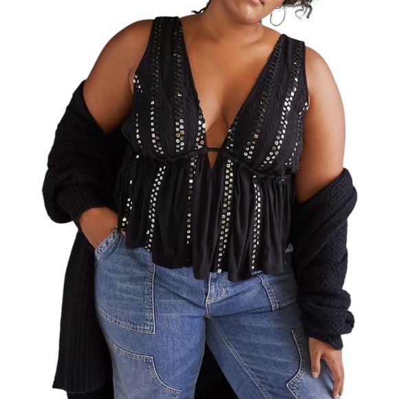Anthropologie Forever That Girl‎ V-Neck Sequin Embellished Tank Black XL - Picture 1 of 14